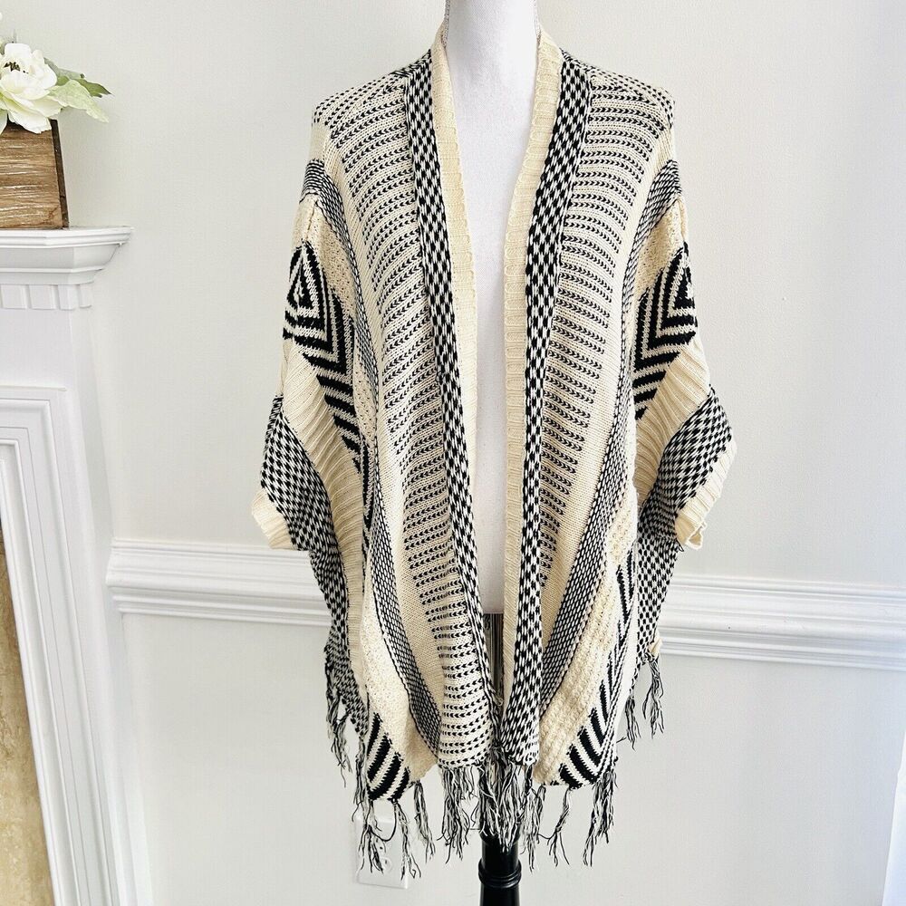 DON’T YOU DARE Black and Cream Poncho Style Cardigan with Hand Holes. Size S/M.